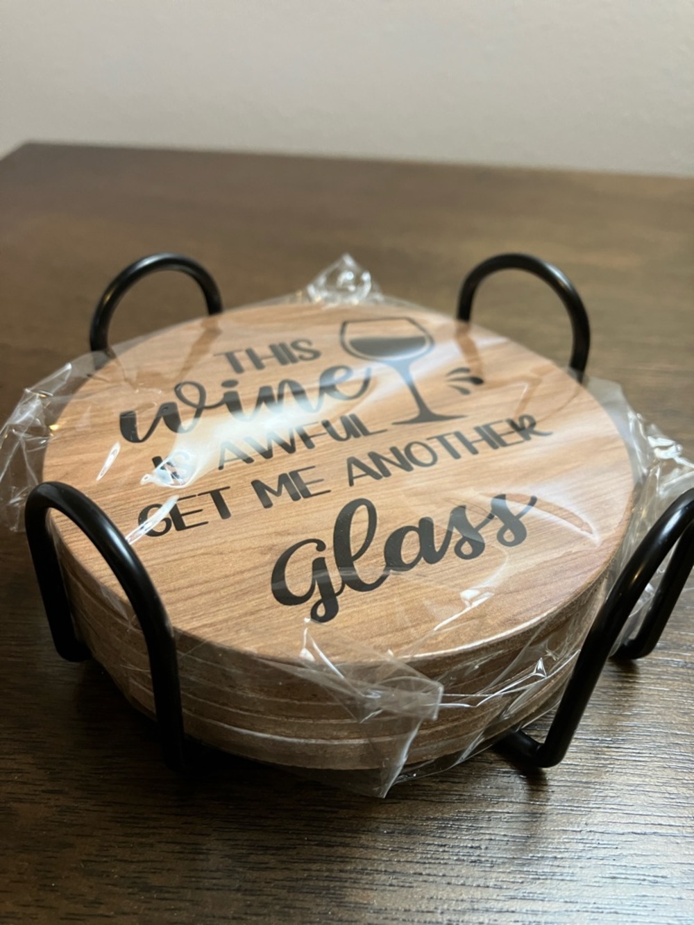 Wooden Wine Coaster Set with Metal Holder - Natural Wood